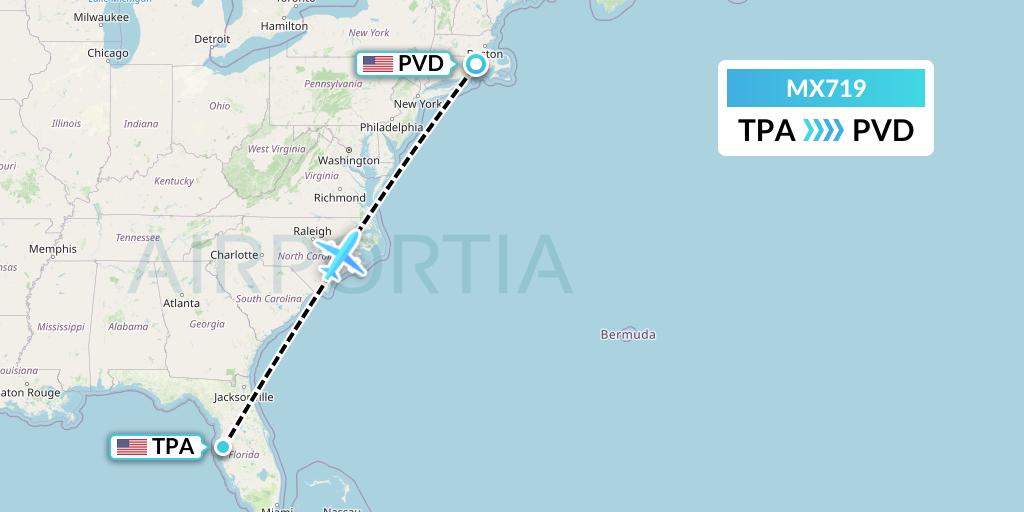 MX719 Breeze Airways Flight Map: Tampa to Providence