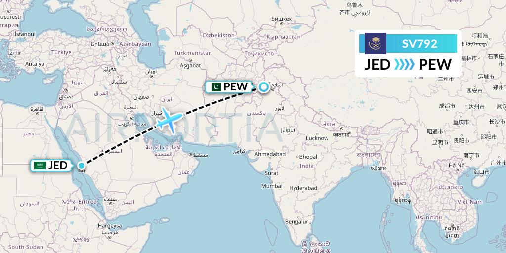 SV792 Saudi Arabian Airlines Flight Map: Jeddah to Peshawar