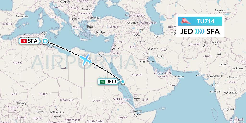 TU714 Tunisair Flight Map: Jeddah to Sfax