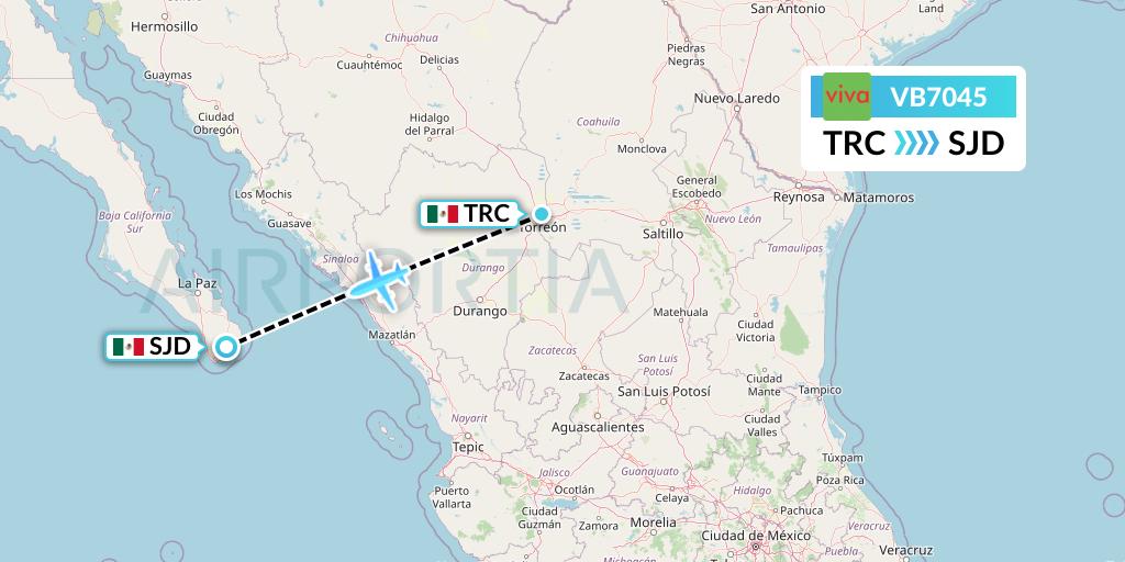 VB7045 VivaAerobus Flight Map: Torreon to San Jose del Cabo