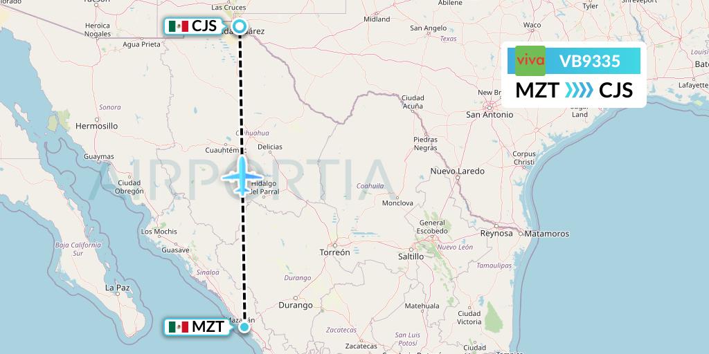 VB9335 VivaAerobus Flight Map: Mazatlan to Ciudad Juarez