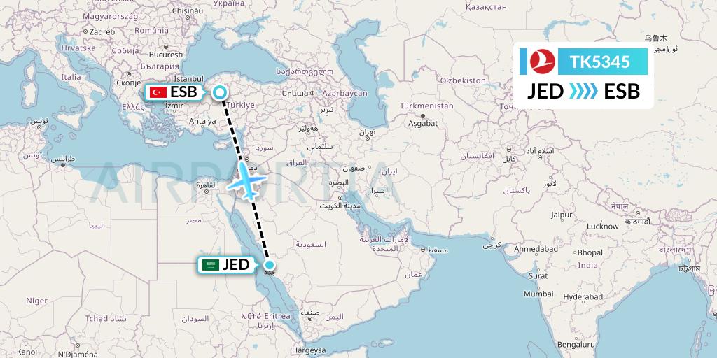 TK5345 Turkish Airlines Flight Map: Jeddah to Ankara