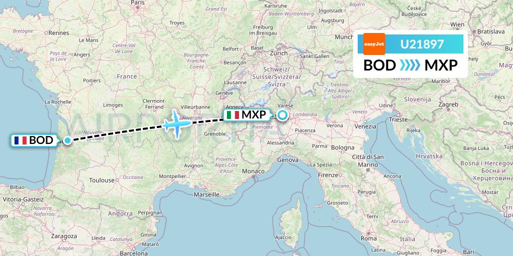 U21897 EasyJet Flight Map: Bordeaux to Milan