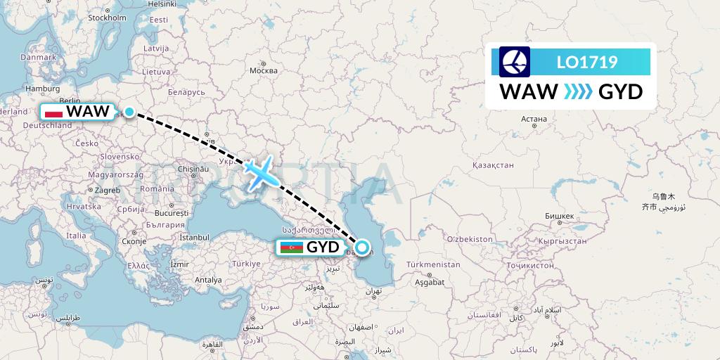 LO1719 LOT Flight Map: Warsaw to Baku