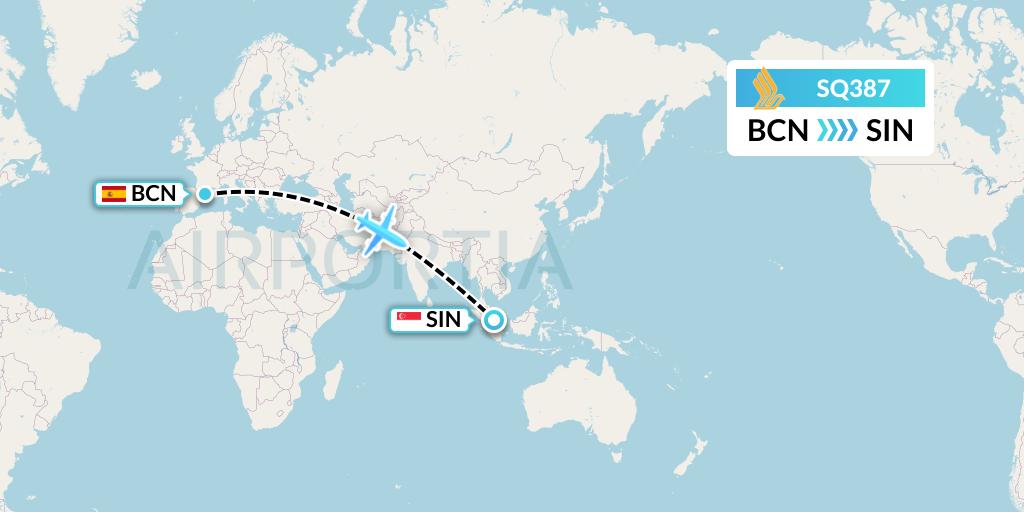 SQ387 Singapore Airlines Flight Map: Barcelona to Singapore