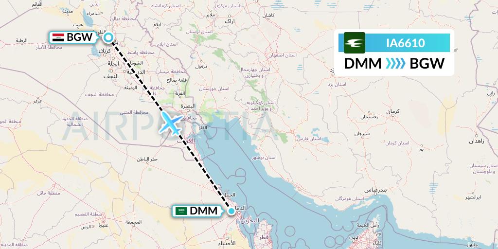 IA6610 Iraqi Airways Flight Map: Dammam to Baghdad