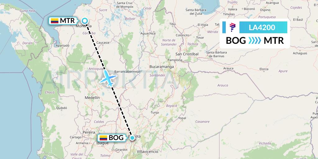 LA4200 LAN Airlines Flight Map: Bogota to Monteria
