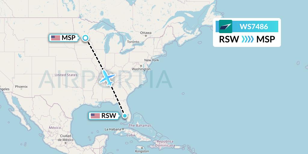 WS7486 WestJet Flight Map: Fort Myers to Minneapolis