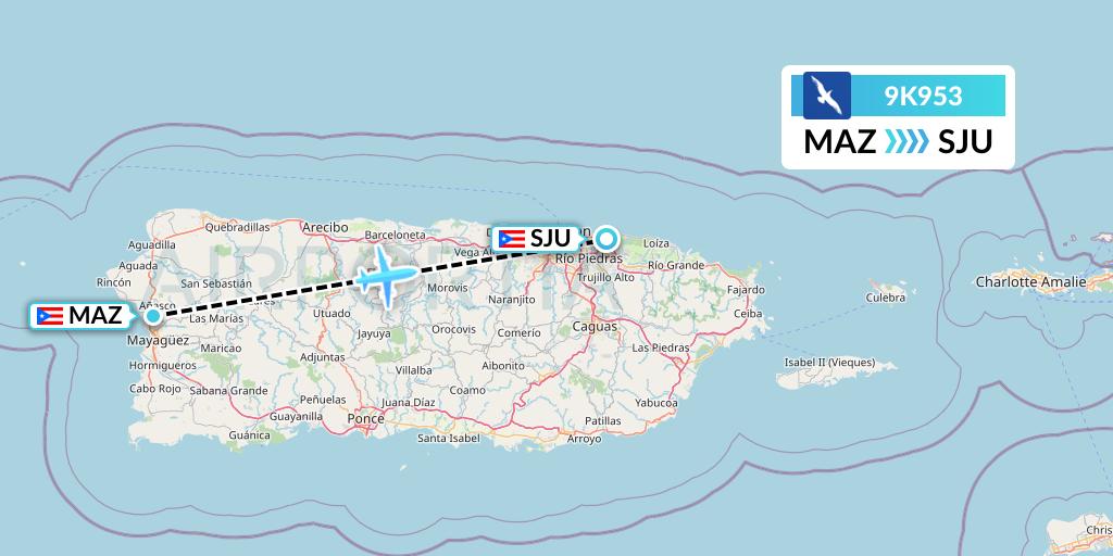 9K953 Cape Air Flight Map: Mayaguez to San Juan