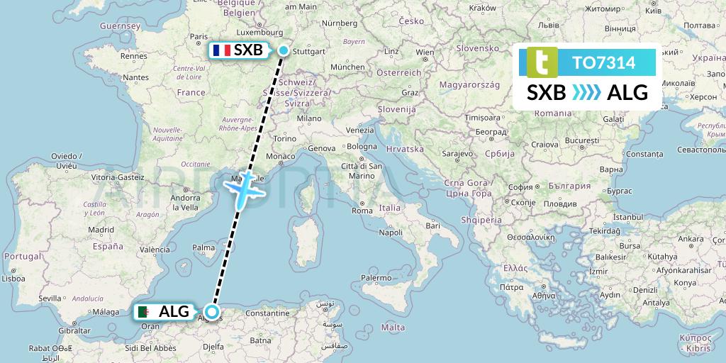 TO7314 Transavia France Flight Map: Strasbourg to Algiers