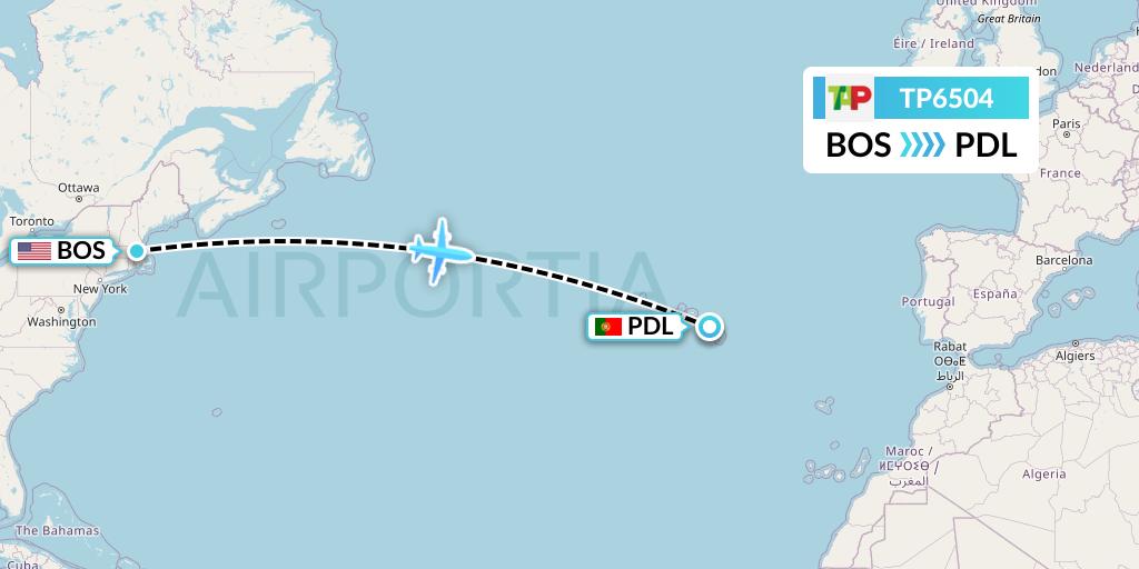TP6504 TAP Portugal Flight Map: Boston to Ponta Delgada