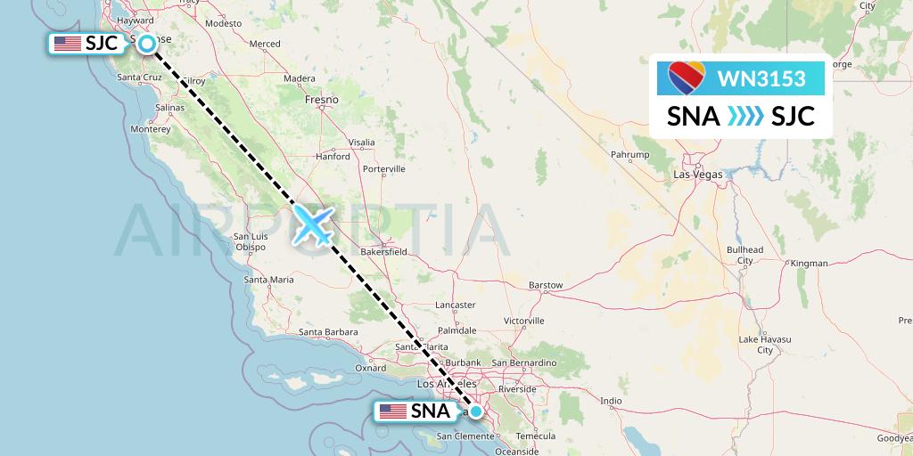 WN3153 Southwest Airlines Flight Map: Orange County to San Jose