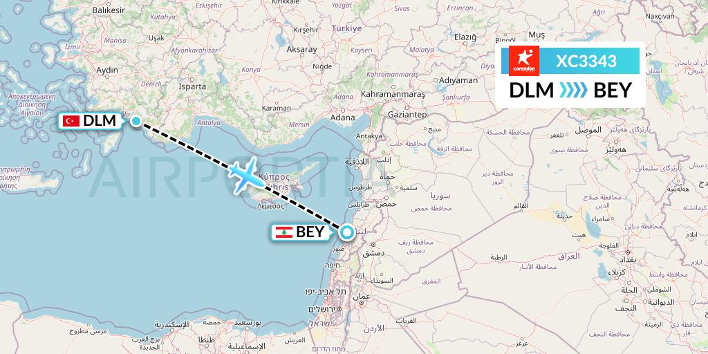 XC3343 Corendon Airlines Flight Map: Dalaman to Beirut