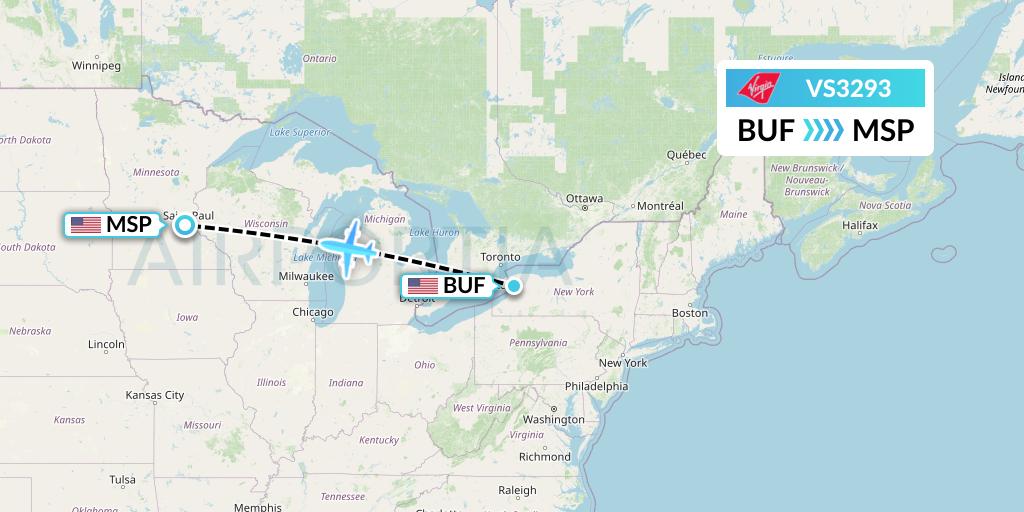 VS3293 Virgin Atlantic Airways Flight Map: Buffalo to Minneapolis