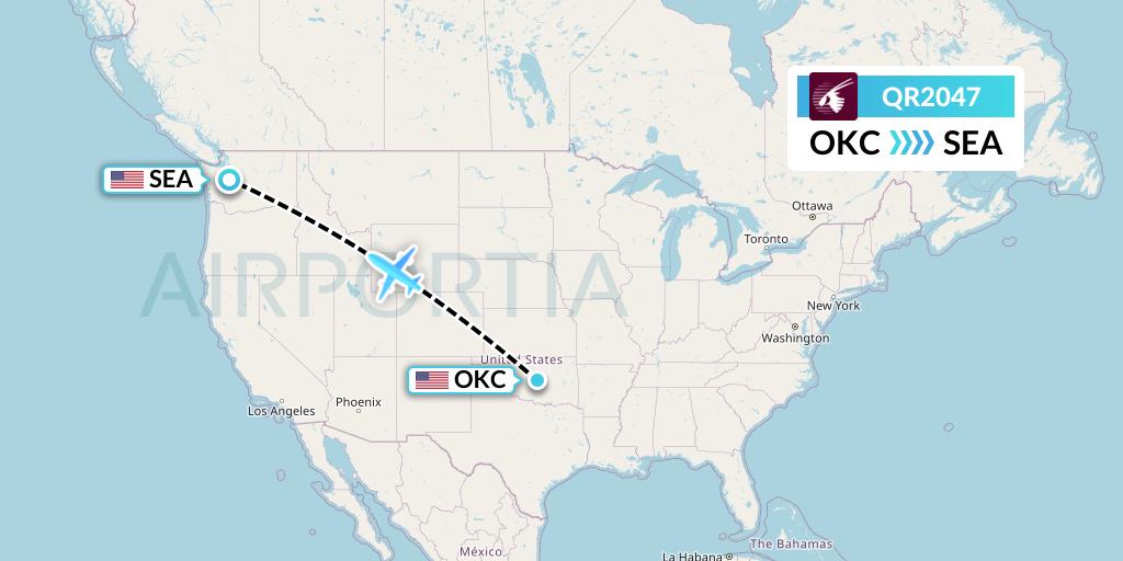QR2047 Qatar Airways Flight Map: Oklahoma City to Seattle