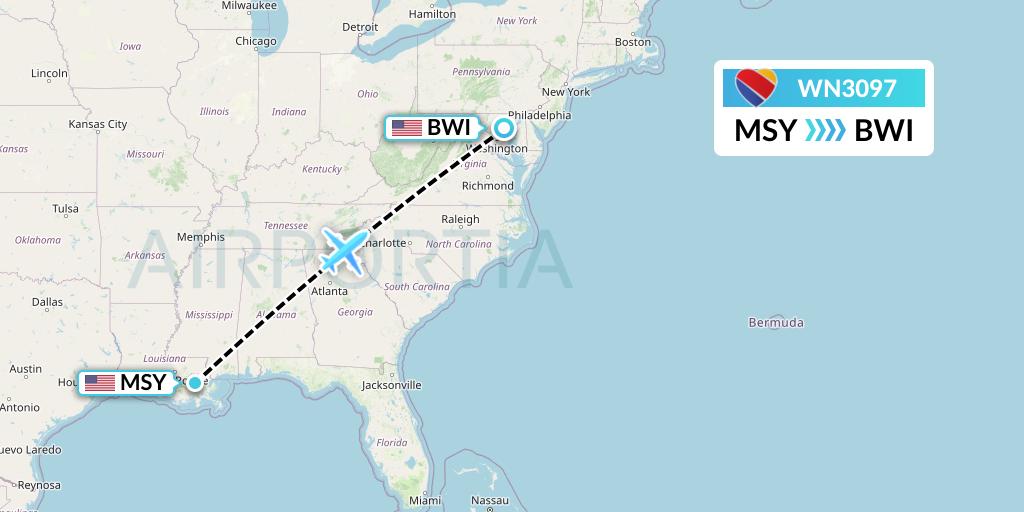 WN3097 Southwest Airlines Flight Map: New Orleans to Baltimore