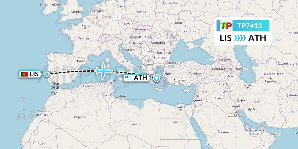TP7413 TAP Portugal Flight Map: Lisbon to Athens