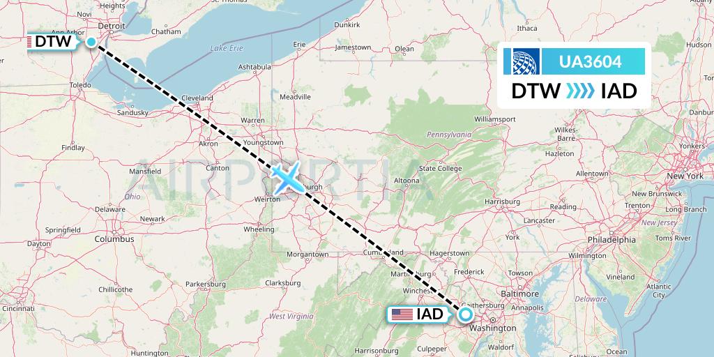 UA3604 United Airlines Flight Map: Detroit to Washington