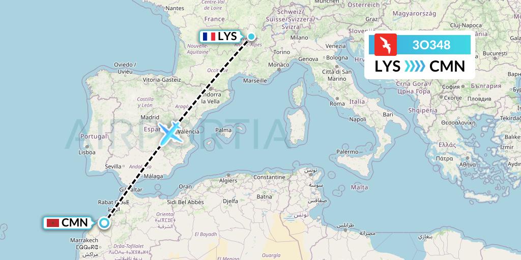 3O348 Air Arabia Maroc Flight Map: Lyon to Casablanca