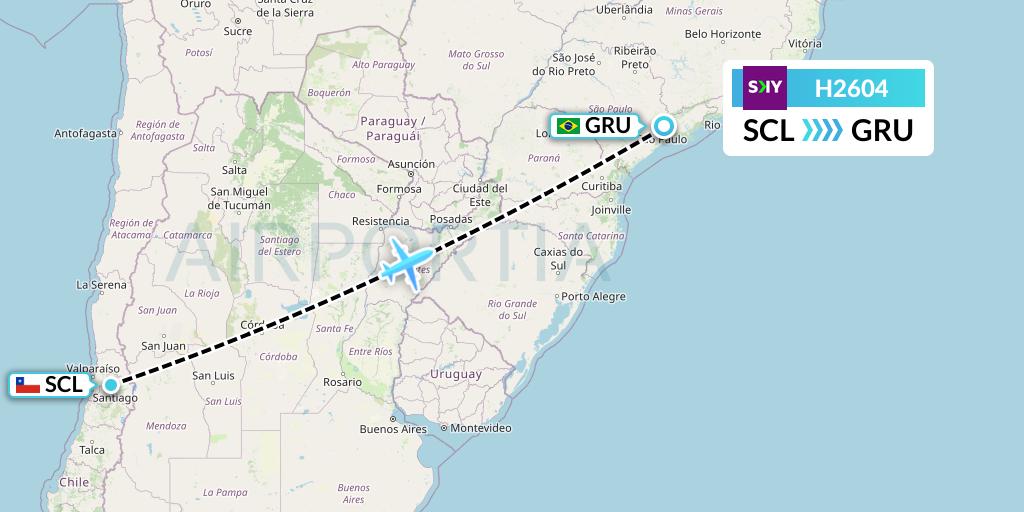 H2604 Sky Airline Flight Map: Santiago to Sao Paulo