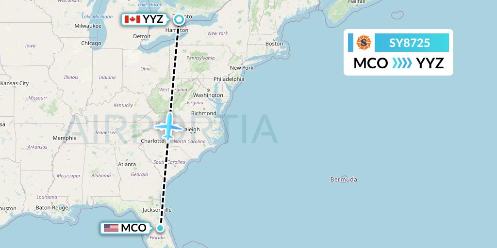SY8725 Sun Country Airlines Flight Map: Orlando to Toronto