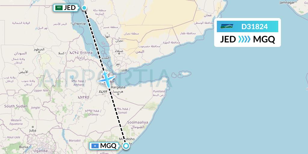 D31824 Daallo Airlines Flight Map: Jeddah to Mogadishu