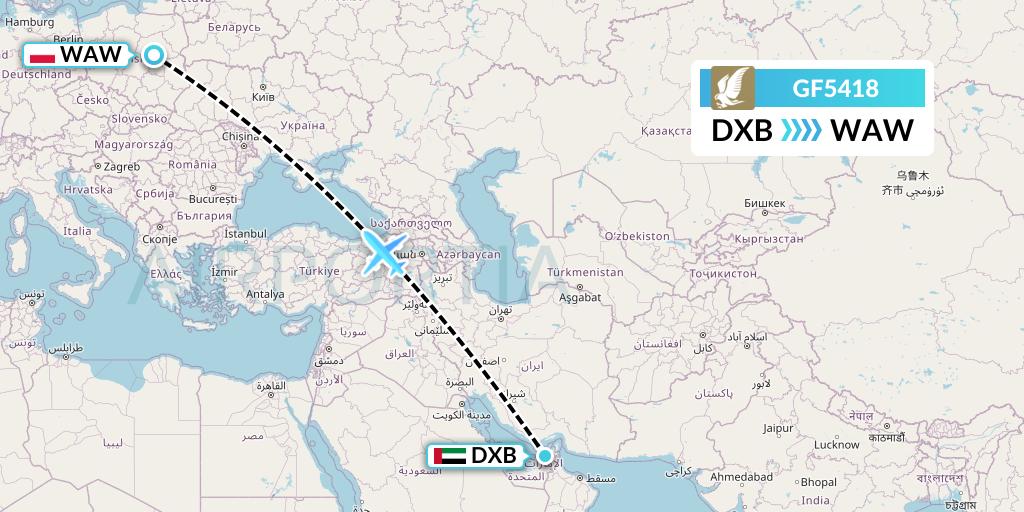 GF5418 Gulf Air Flight Map: Dubai to Warsaw