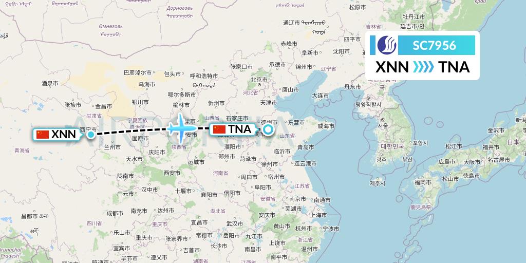 SC7956 Shandong Airlines Flight Map: Xining to Jinan