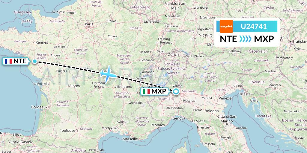 U24741 EasyJet Flight Map: Nantes to Milan