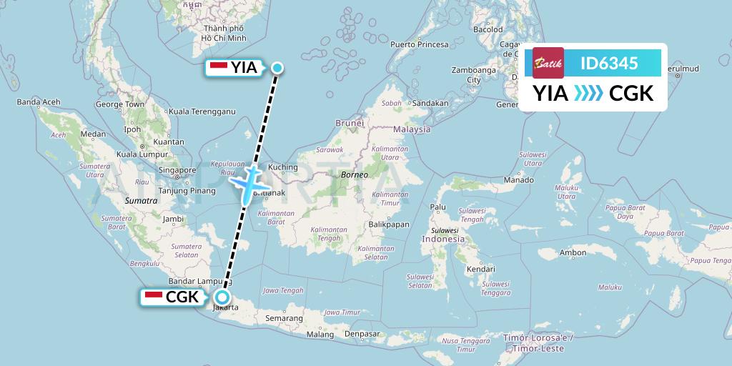 ID6345 Batik Air Flight Map: Yogyakarta to Jakarta
