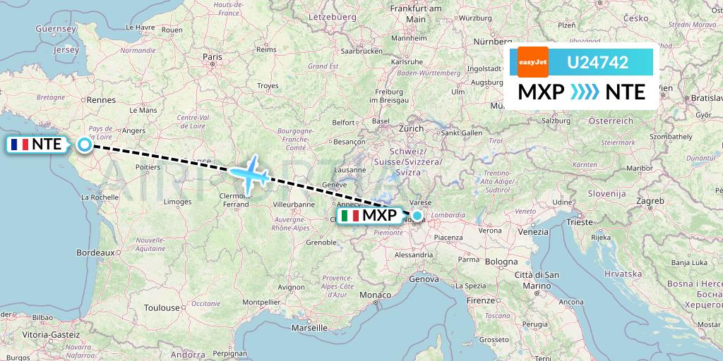 U24742 EasyJet Flight Map: Milan to Nantes