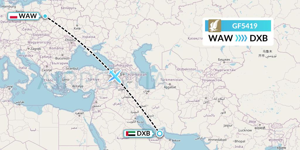 GF5419 Gulf Air Flight Map: Warsaw to Dubai