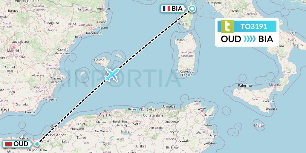 TO3191 Transavia France Flight Map: Oujda to Bastia