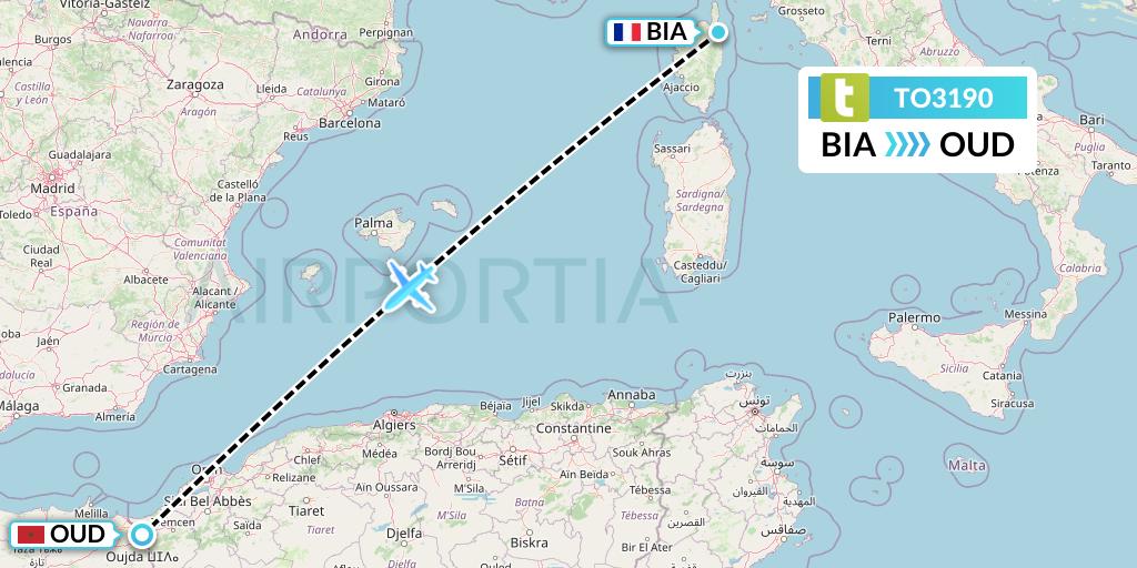TO3190 Transavia France Flight Map: Bastia to Oujda