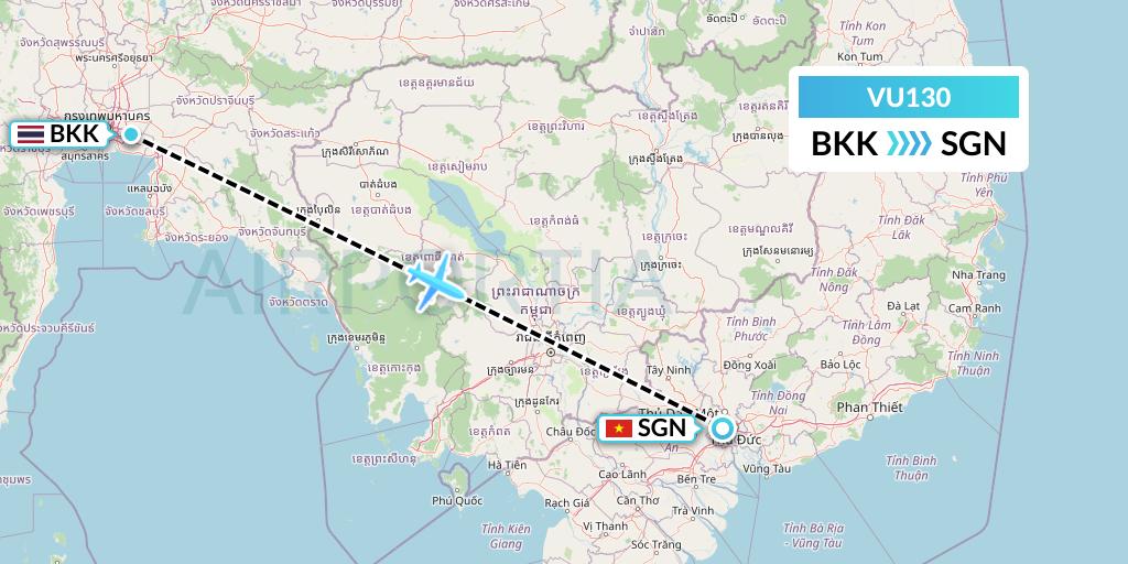 VU130 Vietravel Airlines Flight Map: Bangkok to Ho Chi Minh City