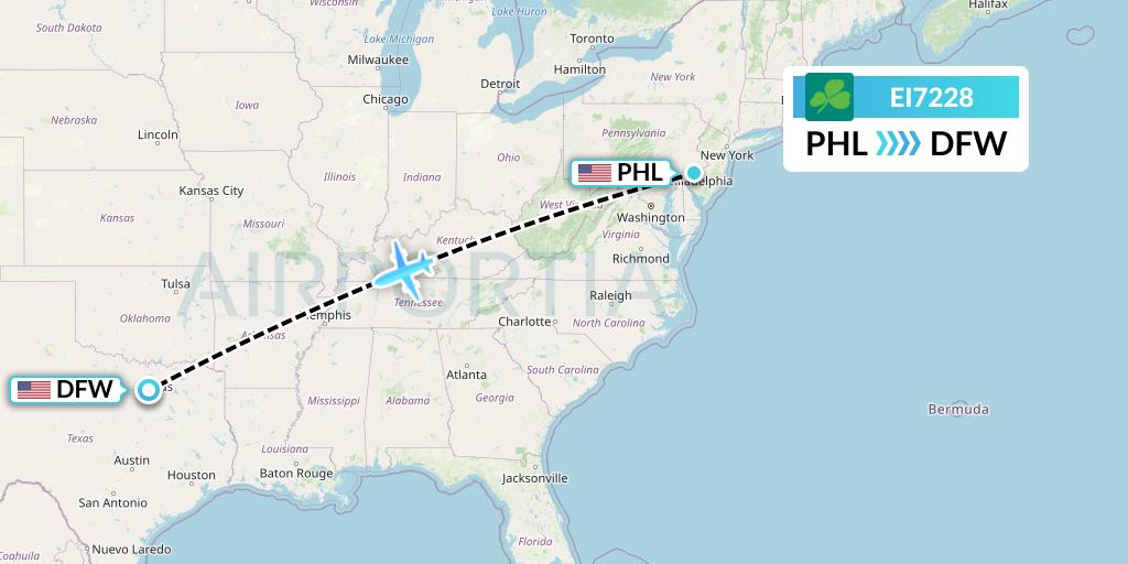 EI7228 Aer Lingus Flight Map: Philadelphia to Dallas