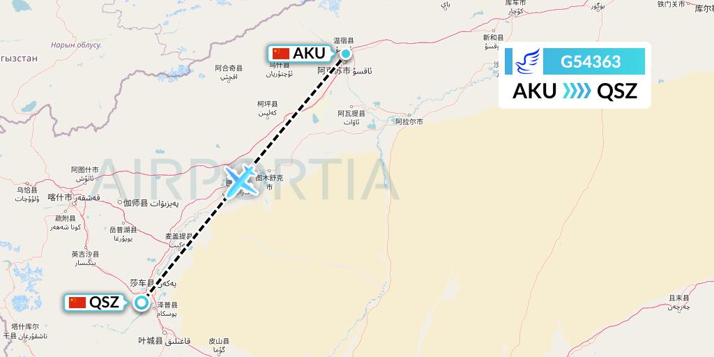 G54363 China Express Airlines Flight Map: Aksu to Hotan