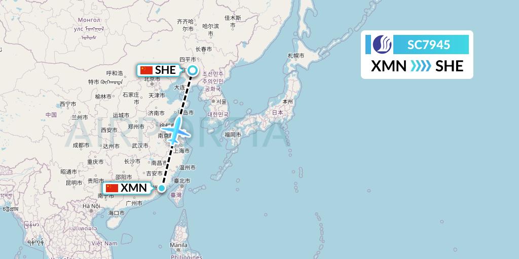 SC7945 Shandong Airlines Flight Map: Xiamen to Shenyang