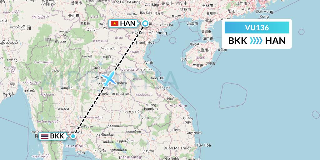 VU136 Vietravel Airlines Flight Map: Bangkok to Hanoi
