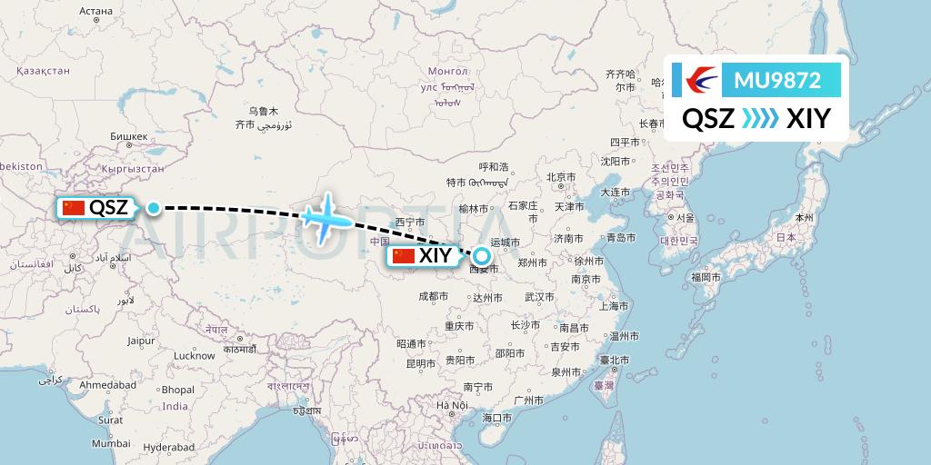 MU9872 China Eastern Airlines Flight Map: Hotan to Xi'an