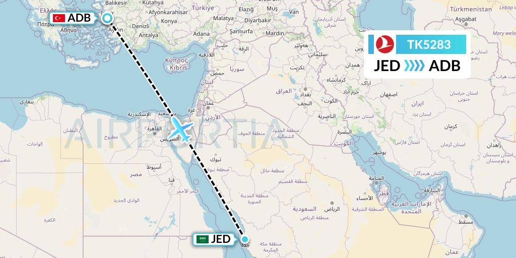 TK5283 Turkish Airlines Flight Map: Jeddah to Izmir
