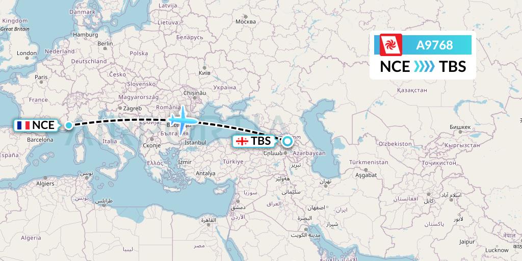 A9768 Georgian Airways Flight Map: Nice to Tbilisi