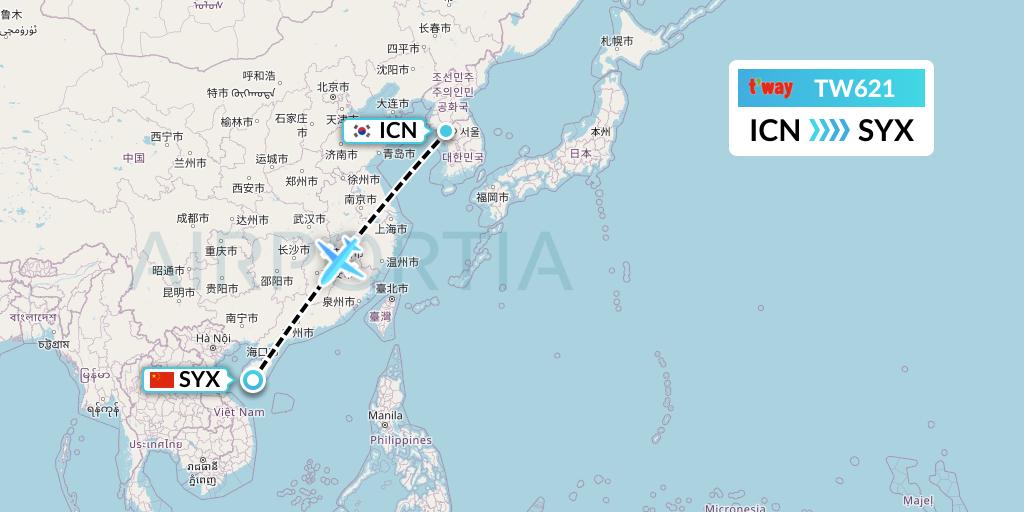 TW621 T'way Air Flight Map: Seoul to Sanya