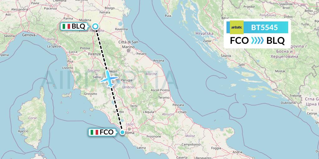 BT5545 Air Baltic Flight Map: Rome to Bologna