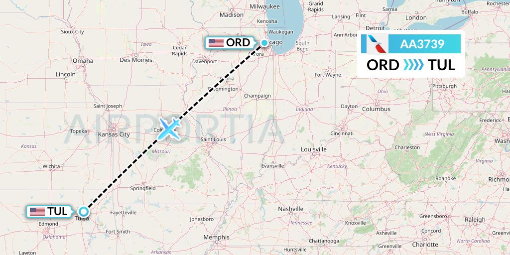 AA3739 American Airlines Flight Map: Chicago to Tulsa