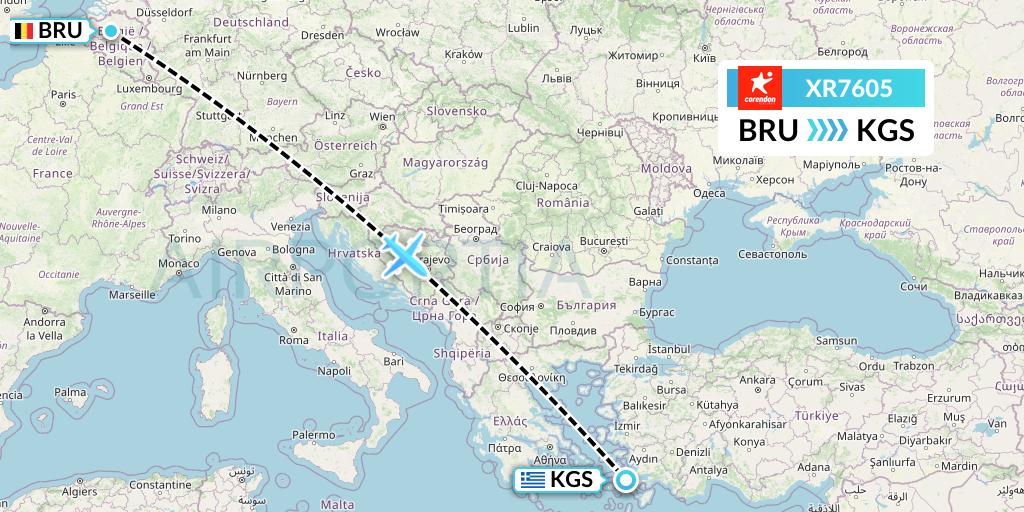 XR7605 Corendon Airlines Europe Flight Map: Brussels to Kos