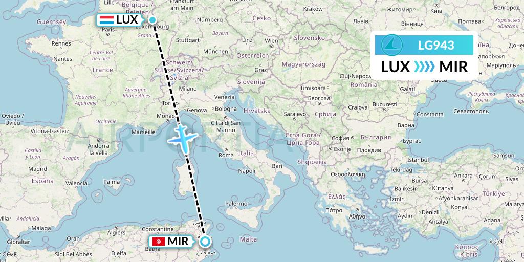 LG943 Luxair Flight Map: Luxembourg to Monastir