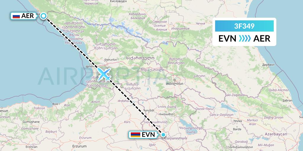 3F349 Flyone Armenia Flight Map: Yerevan to Sochi