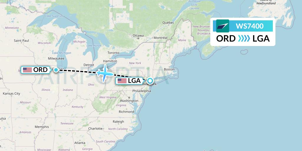 WS7400 WestJet Flight Map: Chicago to New York