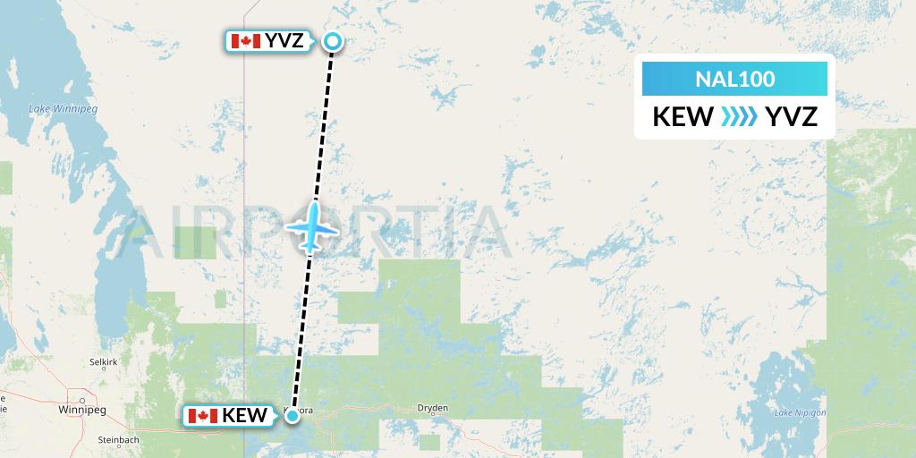 NAL100 Northway Aviation Ltd Flight Map: Keewaywin to Deer Lake